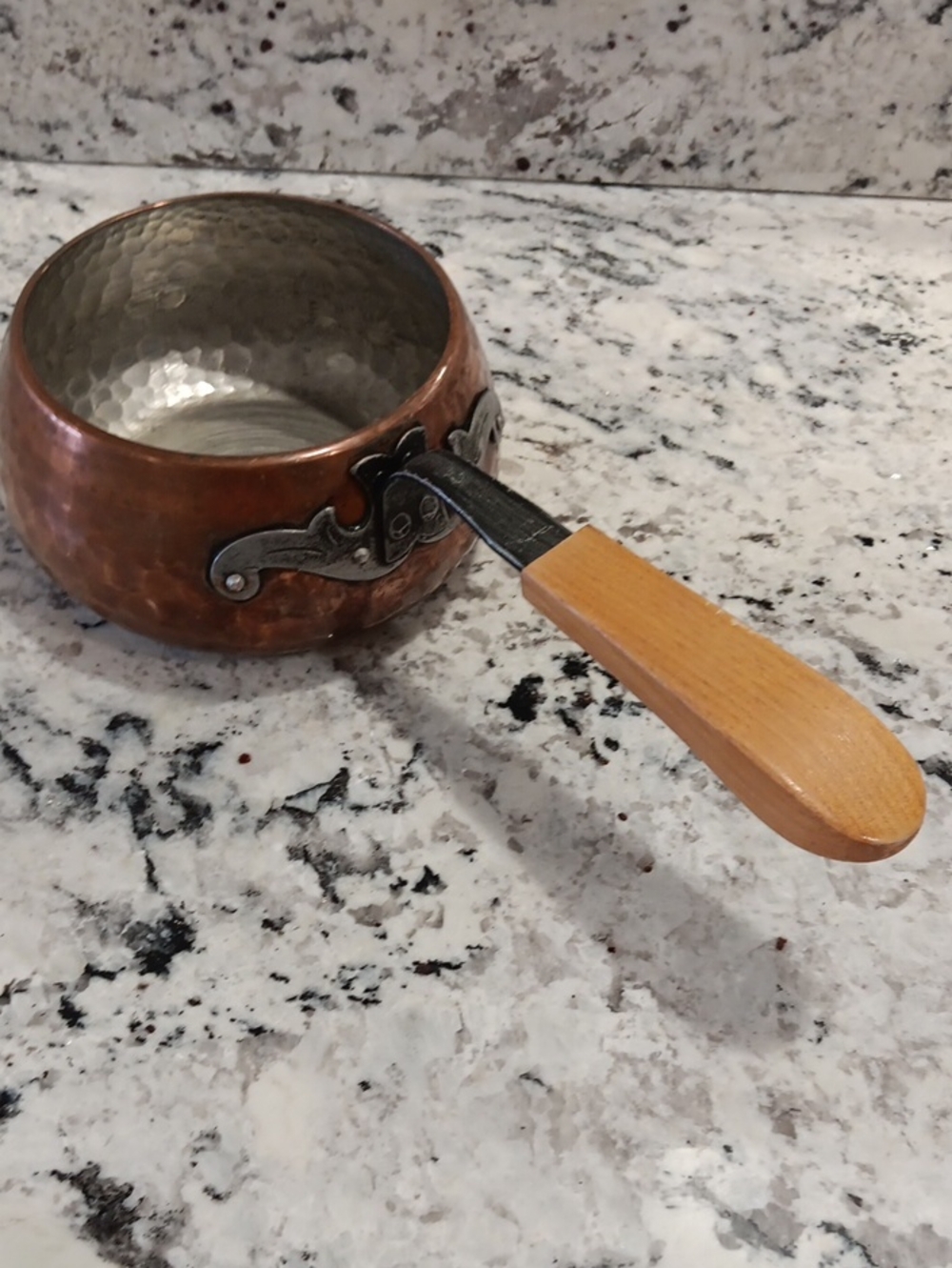 Vintage Swiss Copper Hammered Saucepan with Wooden Handle